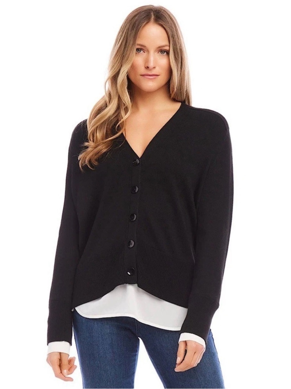 Karen Kane Layered Look Cardigan Sweater Black White Size M Cashmere Blend